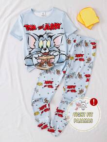 SHEIN Bộ đồ ngủ 2 mảnh cho bé trai tuổi teen, chất liệu mềm mại và co giãn, in hình hoạt hình, gồm áo ngắn tay và quần. - Màu xanh lam - Xem 3