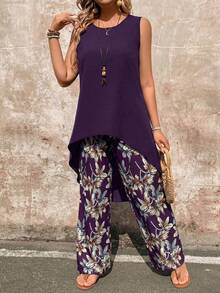 EMERY ROSE Set de 2 piezas: Top sin mangas con parte delantera corta y parte trasera larga de unicolor, y pantalones con estampado floral - Morado - Ver 4