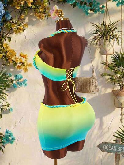 Amplova Bộ 2 món áo croptop và chân váy ngắn trang trí bằng dây thừng, sao biển và vỏ sò.