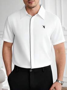 Core Aspect Men's Solid Color Embroidered Contrast Placket Design Business Casual Short Sleeve Shirt, Formal - White - View 9