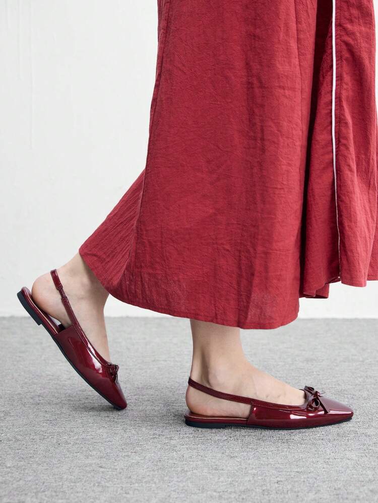 CUCCOO BIZCHIC Women Shoes Small Square Toe Flat Bottom Burgundy Mirror Bow Women Low Vamp Flat Bottom Shoes Light Comfortable Simple Commuting Daily Versatile Women Flat Shoes