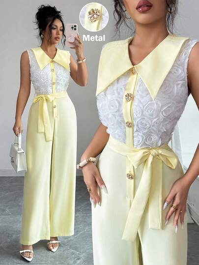 Elenzga Mono de verano para mujer con nuevo diseño de parches suaves amarillo, blanco y malla con flores 3D de rosa, cuello en V, solapa, abierto por delante, botón metálico, sin mangas, cinturón, cintura alta, pierna ancha. Elegante, sofisticado, casual, de oficina, urbano, sencillo y chic.