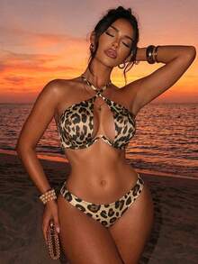 Swim SXY 2025 Leopard Print Hollow Out Halter Neck Swimwear Top (Print Random, With Underwire) Summer - Multicolor - View 1