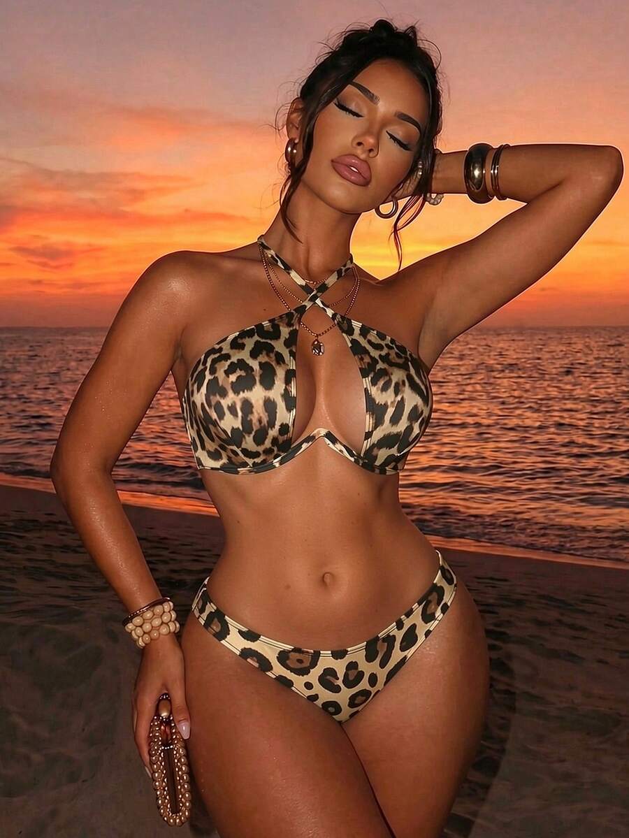 Swim SXY 2025 Leopard Print Hollow Out Halter Neck Swimwear Top (Print Random, With Underwire) Summer - Multicolor - View 1