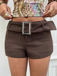 Aloruh Women's Spring/Summer New Tie-Dye Washed PU Mini Shorts With Belt, Retro Distressed Style Shorts - Brown - View 5