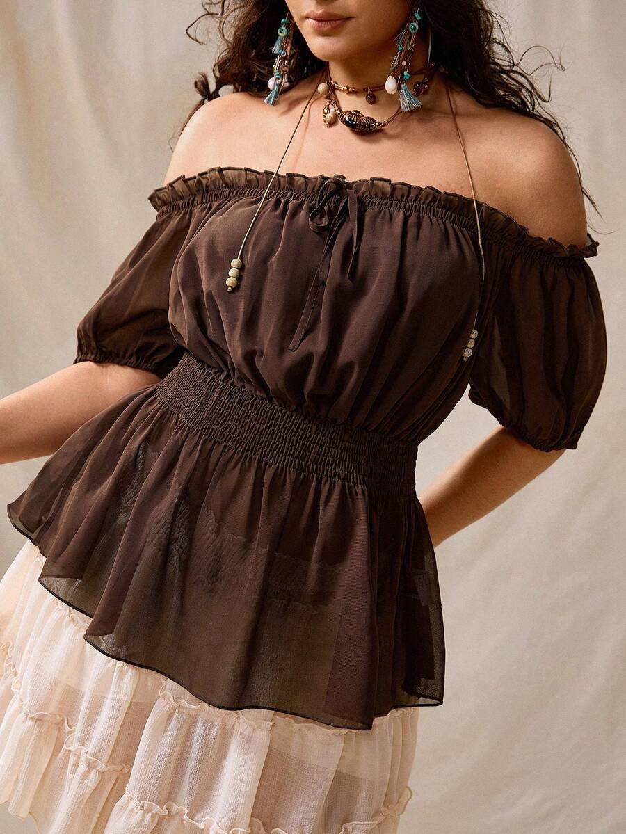 Nubod Plus Size Summer New Chiffon Ruffle Off Shoulder Petal Sleeve Cinched Waist Flared Hem Women's Fashion Romantic Boho Vacation Elegant Blouse Brown - Brown - View 1