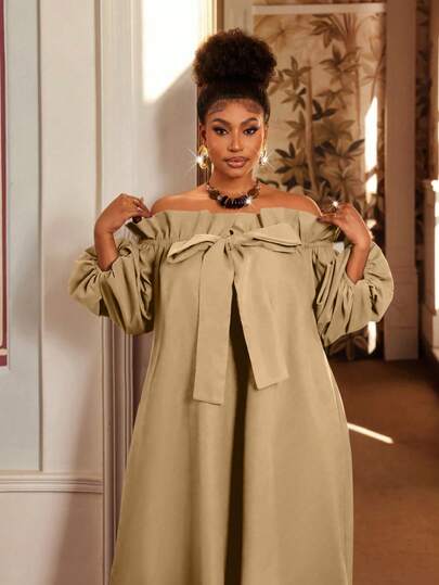 Maweii Vestido plus size feminino sexy com decote ombro a ombro e laço.