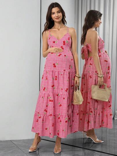 SHEIN Vestido de tirantes de maternidad con estampado de cerezas lindo para vacaciones, vestido de verano para mujeres embarazadas