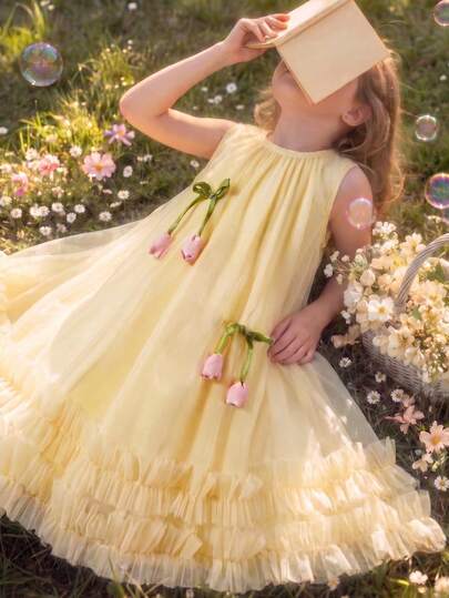 SHEIN Vintaside Kids Summer Girls Yellow Sleeveless Mesh Dress With Tulip Decor, Suitable For Daily Wear Party Picnic Cute Core Kawaii