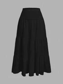 SHEIN MOD Women's Casual Solid Color Ruffle Hem A-Line Skirt - Black - View 1