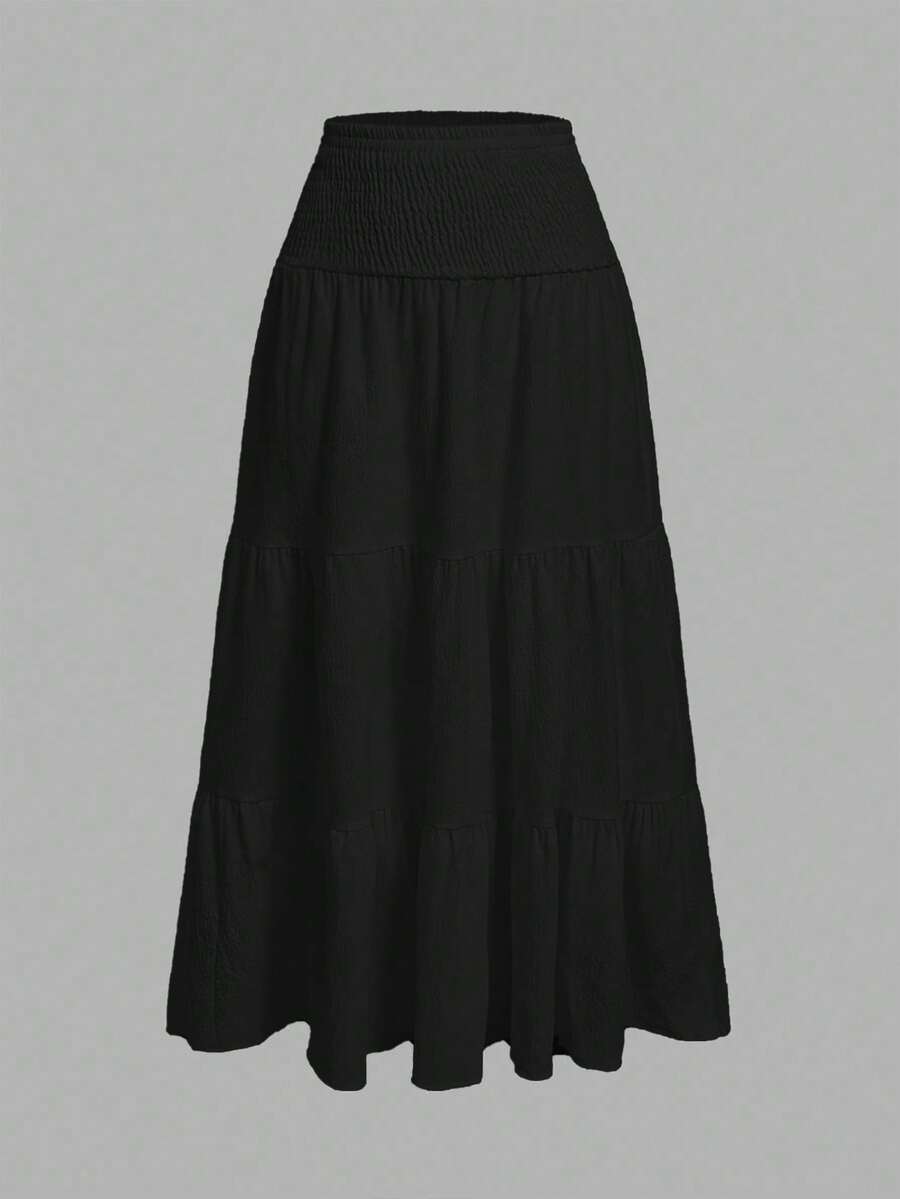 SHEIN MOD Women's Casual Solid Color Ruffle Hem A-Line Skirt - Black - View 1