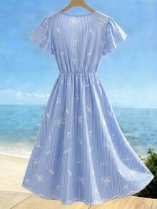 SHEIN PariChic Đầm chữ A kẻ sọc cổ chữ V tay bồng eo thắt, thích hợp cho kỳ nghỉ hè ở bãi biển, tiệc dã ngoại ngày Quốc khánh, trang phục thường ngày dự lễ hội âm nhạc. - Xanh và trắng - Xem 2
