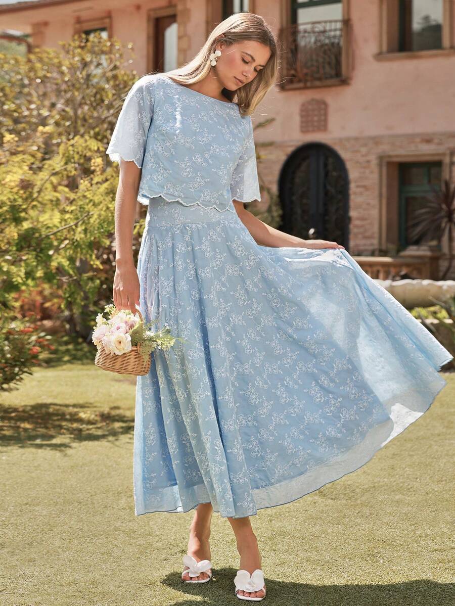 Amorya Women's Spring/Summer New Elegant High-End Embroidered Top & A-Line Skirt 2-Piece Set - Blue and White - View 1