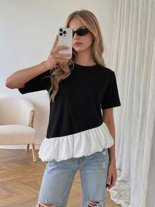 Tween Girls Casual All-Match Versatile Daily Wear School Elegant Ruffle Hem Round Neck Short Sleeve Contrast Color Splice Top T-Shirt - Yellow - View 3