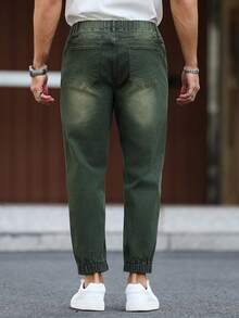 Manfinity Homme Jeans de mezclilla de uso diario versátil con bolsillos y cintura con cordón para hombres - Verde militar - Ver 2