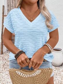 EMERY ROSE 女士春夏休闲V领短袖波浪提花针织加大码T恤 - 藍色 - 查看 4