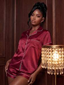 Satin Lapel Collar Button Front Contrast Binding Pajama Set - Burgundy - View 5