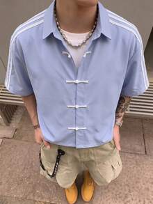 SWAVVY 男士寬鬆短袖襯衫，靈感設計，粉色格紋襯衫，適合夏季、假期、度假、日常穿著 - 藍色 - 查看 7