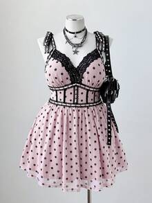 Sunspun Plus Size Women's Polka Dot Lace Print Sexy Sweet Dress - Pink - View 7