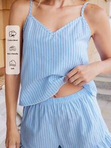 Doze Lane Bộ đồ ngủ cotton kẻ sọc xanh dương gồm áo hai dây và quần short, kiểu dáng giản dị, dễ thương. - Màu xanh lam - Xem 6