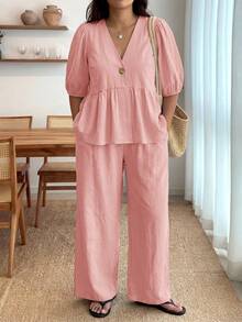 Enliva Plus-Size Women's Ruffled Puff Sleeve Two Pieces Set, V-Neck Cardigan Top And Stretch Waist Trousers Set - Dusty Pink - View 5