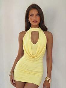 Nuevo vestido mini ajustado sin mangas con cuello asimétrico drapeado de malla para mujeres jóvenes sexy en color marrón, adecuado para mujeres, fiestas, bodas, vacaciones, unicolor - Amarillo claro - Ver 6