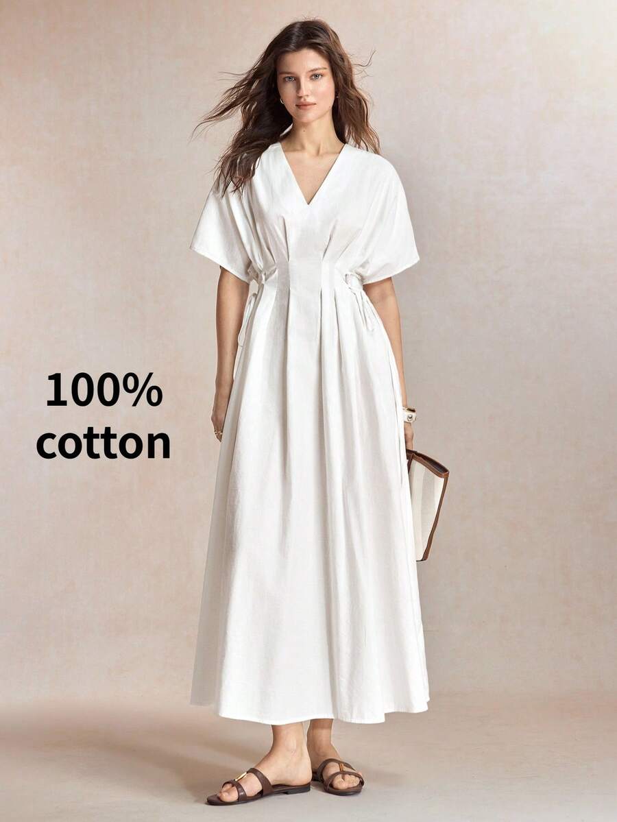 BizChic Đầm trắng xẻ tà bên hông, thắt eo, dài ngang gối, mẫu mới Xuân/Hè 2026, đa năng, thanh lịch, phù hợp cho công sở, thường ngày, lãng mạn, mang hơi hướng retro thập niên 90, thích hợp cho tiệc tùng, đi biển, lễ tốt nghiệp, kỳ nghỉ, dự đám cưới, làm phù dâu, tiếp khách và nhiều dịp khác. - Pearl White - Xem 1