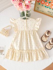 SHEIN Baby Girls' Casual Cute Polka Dot Bowknot Flounce Sleeve Design Dress, Suitable For Spring/Summer Daily Wear - Apricot - View 2