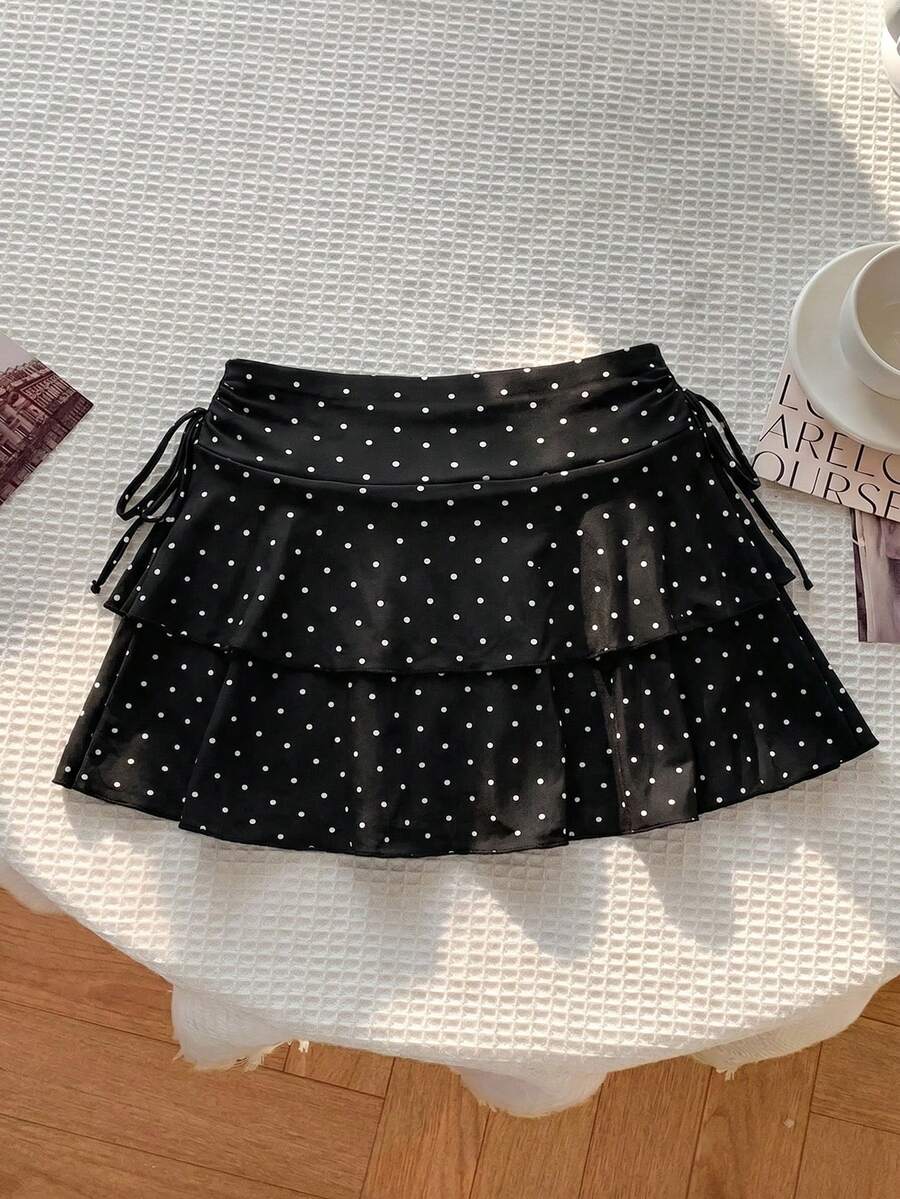 SHEIN MOD 大码夏季休闲波点印花半身裙 - 黑與白 - 查看 1