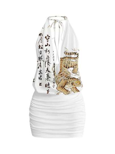 ROMWE Avant New Chinese Style Tiger Print Backless Sexy Low-Cut Halter Tie Bow Swing Dress For Summer