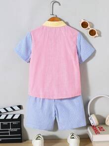 SHEIN Genkimix Kids 男童时尚拼接衬衫短裤套装，面料柔软舒适，适合外出、拍照、上学等各种场合，是幼儿男童夏季必备单品。 - 彩色 - 查看 2