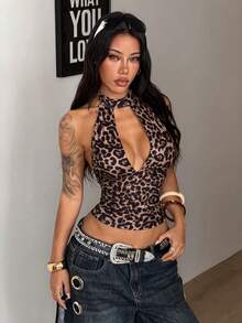 Coolane Women's Summer Sexy Streetwear Rave Outfit Party Hippie Punk Y2K  Comfortable Stretchy Leopard   Halter Top - Brown - View 5
