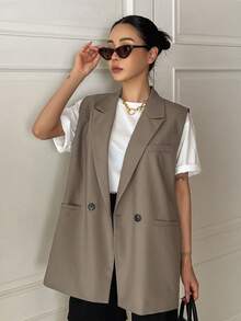 DAZY Women's Solid Color Lapel Double-Breasted Casual Sleeveless Business Blazer,Fall Clothes - Khaki - View 2