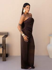 Maju Mazalli 1 Set Solid Color Asymmetric Hem Sleeveless Crop Top And Wide Leg Pants Summer - Coffee Brown - View 3