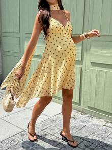 SHEIN Đầm bầu thanh lịch kiểu cổ điển với họa tiết chấm bi, dây mảnh, phong cách nghỉ mát, mùa hè. - Màu vàng - Xem 4