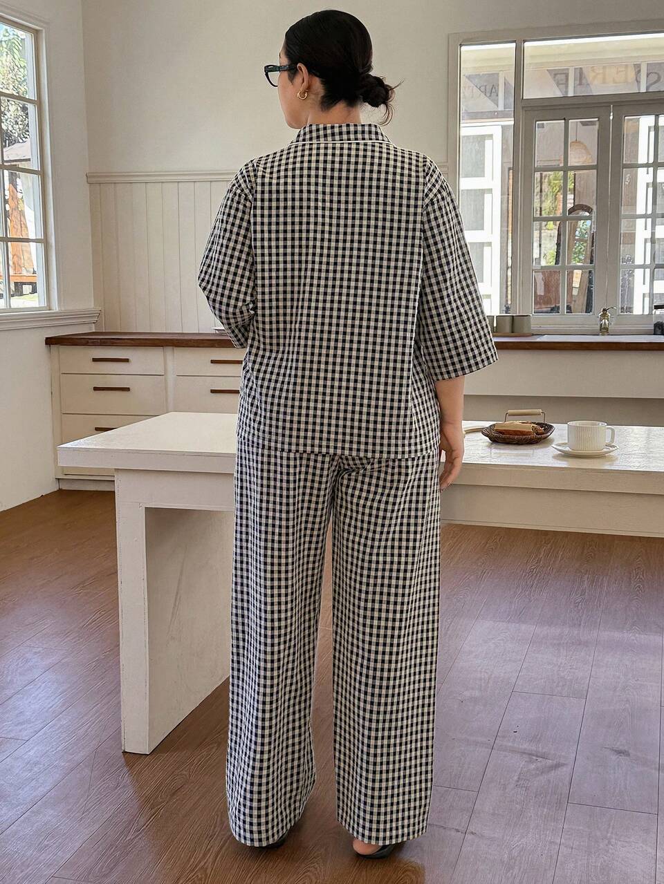 Dazy Plus 2pcs Casual Plaid Loose Long Sleeve Top And Long Pants Pajama Set, Spring/Summer