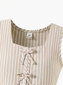 SHEIN Sparklyn Tween Girl Striped Sleeveless Shirt With Bow Button And Elongated Pants 2 Pieces Set - Multicolor - View 5
