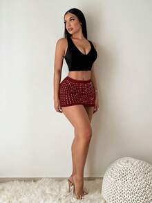 SHEIN SXY 女士水钻装饰时尚短裙，酒红色 - 酒紅色 - 查看 6