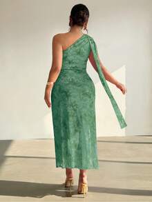 Firerie Plus Size Women's Sage Green Summer Elegant Wedding Guest Asymmetrical Shoulder Bodycon Maxi Dress, Fashion Party Beach Vacation Outfit - Green - View 7