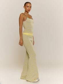 MUSERA Conjunto de top de tirantes a rayas y pantalón acampanado con doblez, coordinado en color amarillo para primavera y verano, vacaciones, uso casual y diario, estilo lindo y de Y2K - Multicolor - Ver 3