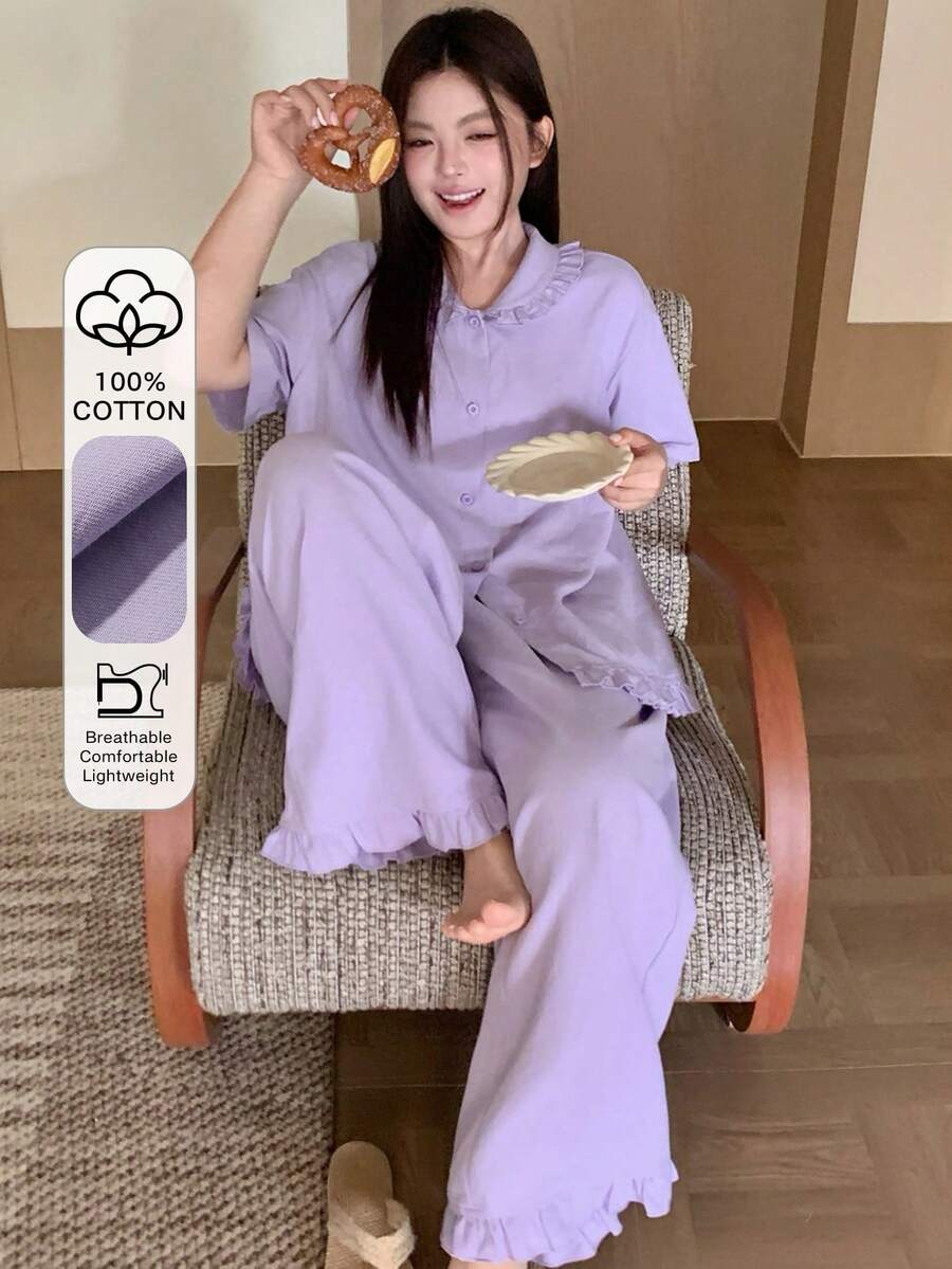 Dazy Plus 2pcs/Set Piyama Kasual Lucu dengan Hiasan Ruffle, Warna Polos, Atasan Lengan Pendek Longgar dan Celana Panjang, Ungu, Ukuran Besar untuk Wanita, Musim Semi/Panas - Purple - View 1