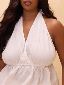 MUSERA Plus Size Tie Halterneck Cheesecloth Ruffle Sleeveless Top Spring Summer Vacation Holiday Elegant Swim Beach Gym Thalassa Brown - White - View 6