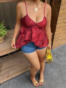 Dazy Plus Plus Size Women Solid Color Textured Flared Hem Camisole Elegant Summer Top Vacation Gym Brown - Burgundy - View 7
