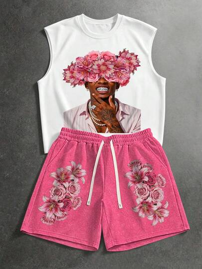 Manfinity EMRG Men's White Floral Portrait Print Sleeveless Tank Top + Pink Floral Print Shorts Set, Street Style Summer 2-Piece Outfit, Casual Vacation Music Festival Wear, Retro Street Style Floral Portrait Print Tank Top + Pink Floral Shorts Set, Men's Casual 2-Piece Set, Summer / Spring / Vacation / Party Outfit