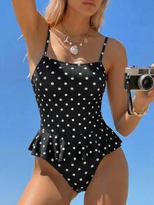SHEIN Swim 女款波點分體式泳衣套裝 三角泳褲 夏季度假海灘可愛風 黑白波點 - 黑與白 - 查看 7