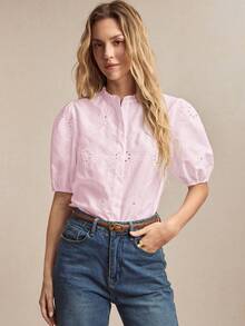 Camisa casual de nueva temporada primavera/verano con cuello de volantes, abotonadura frontal, bordado y mangas con diseño de pétalos.Versátil para múltiples ocasiones como oficina, trayecto, negocios, estilo Y2K - Rosa - Ver 5