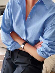 DAZY Áo blouse nữ dáng rộng tay dài màu trơn phong cách tối giản, mặc thường ngày đi làm văn phòng, phù hợp cho mùa xuân và mùa thu, dành cho người nhỏ nhắn - Màu xanh lam - Xem 3