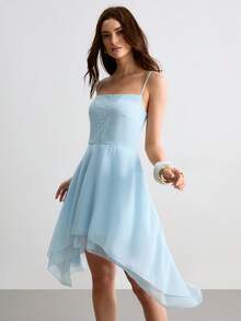 CielaLinda Đầm hai dây nữ bằng chiffon phối ren, vạt bất đối xứng - Màu xanh nhạt - Xem 4