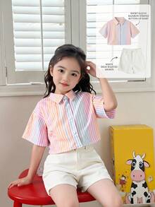 SHEIN Genkimix Kids Camisa corta casual a rayas de colores para niñas jóvenes - Multicolor - Ver 2
