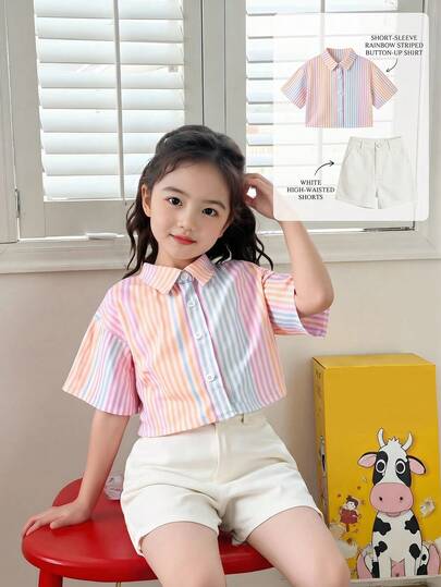 SHEIN Genkimix Kids 女童彩色条纹休闲短款衬衫